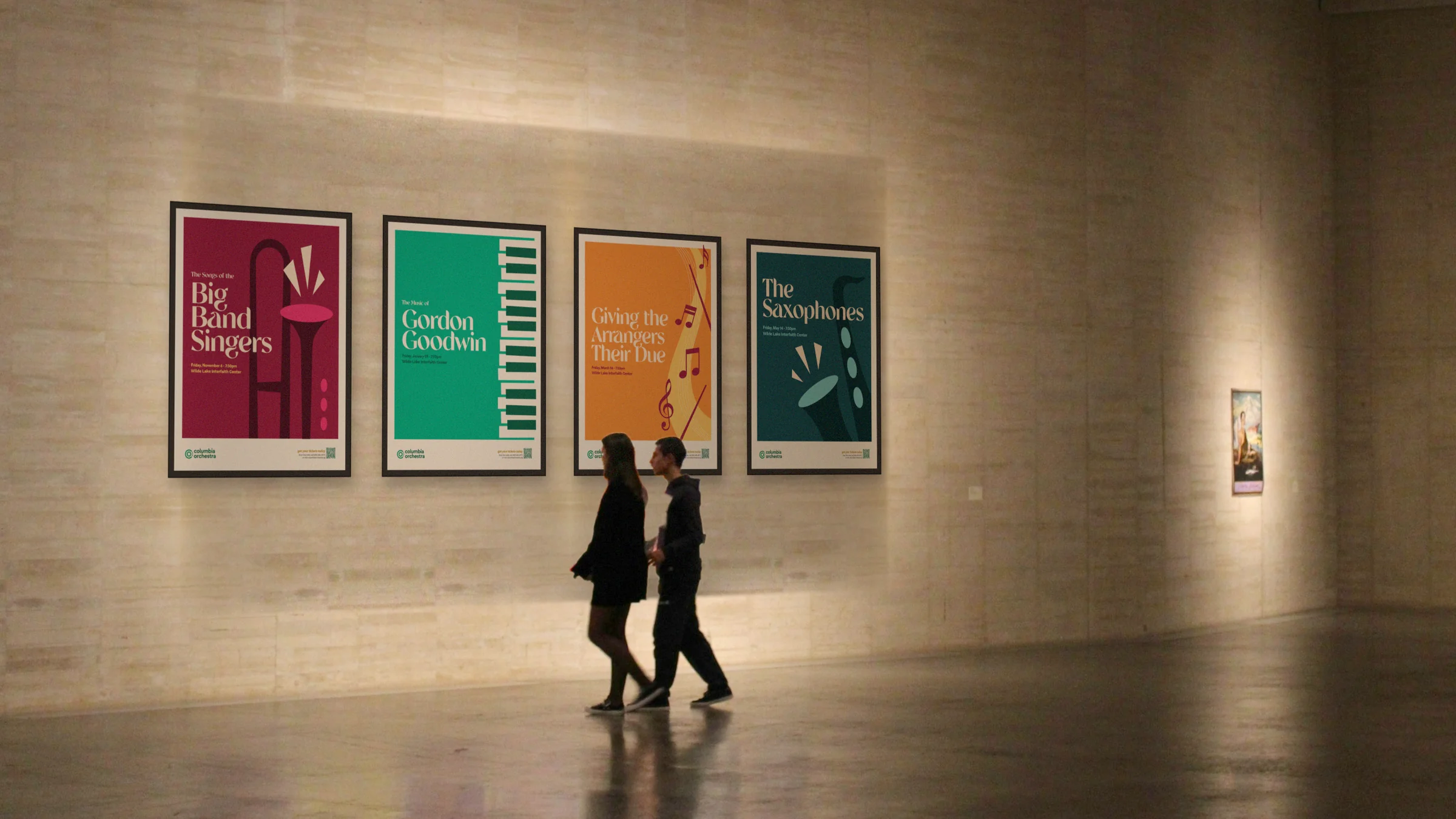 Concert-goers in a theatre hallway walking past Columbia Orchestra posters for Big Band Singers, Gordon Goodwin, Giving the Arrangers Their Due and The Saxophones