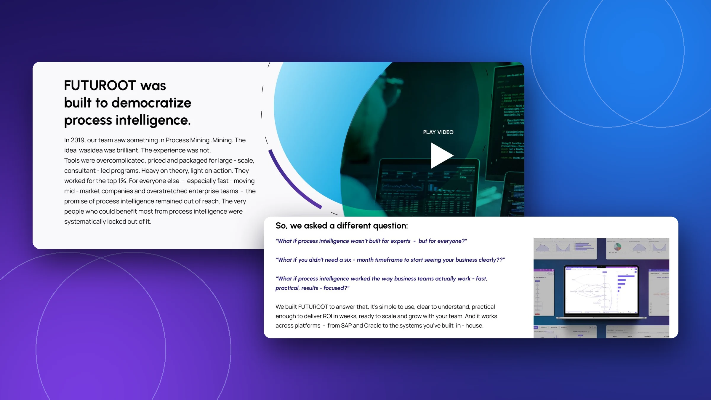 FUTUROOT About page: founding story with video, and the platform shown on a laptop