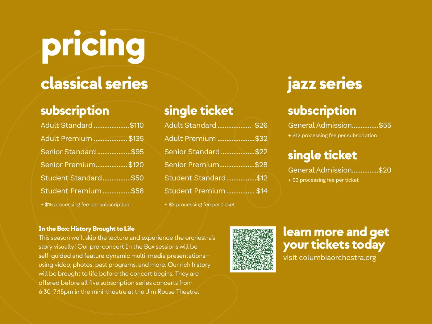 Columbia Orchestra brochure, pricing