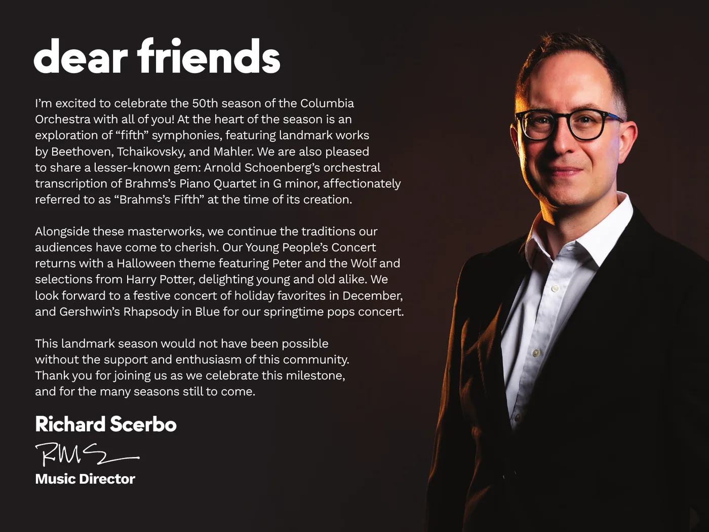 Columbia Orchestra brochure, welcome letter