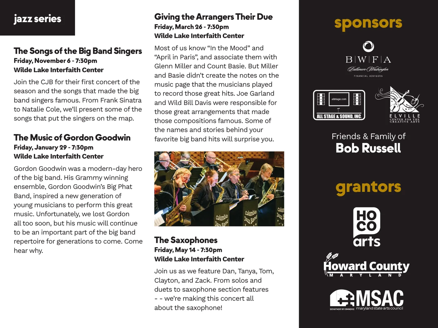 Columbia Orchestra brochure, jazz series and sponsors